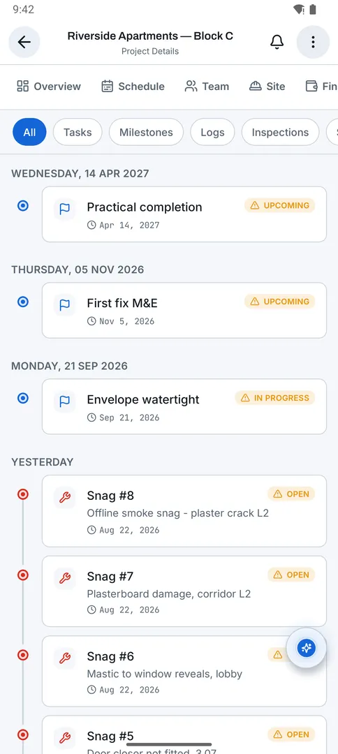 Projects: Activity screen
