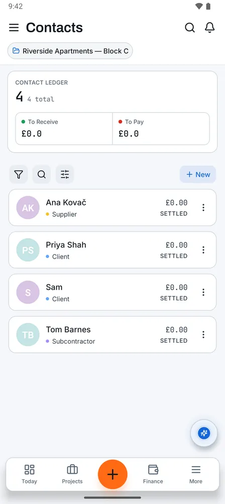 Messages & contacts: Contacts screen
