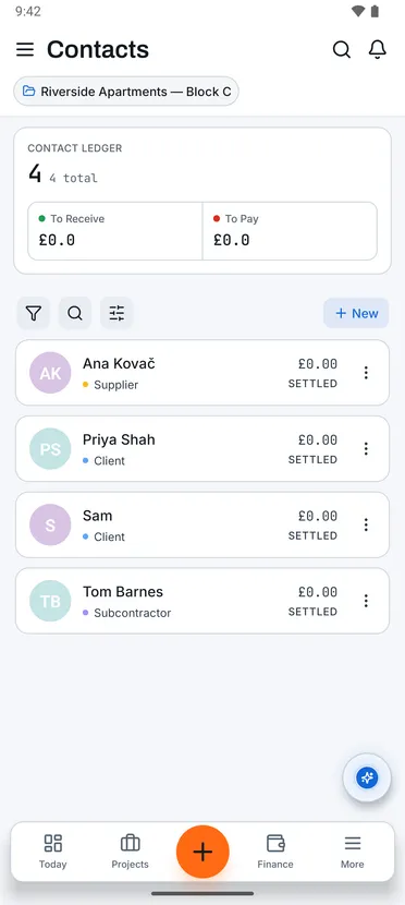 Messages & contacts: Contacts screen