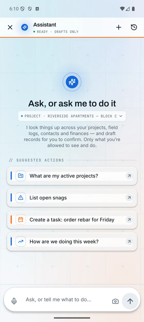 The Konverge assistant sheet: ready, drafts only, with the project in focus and suggested actions