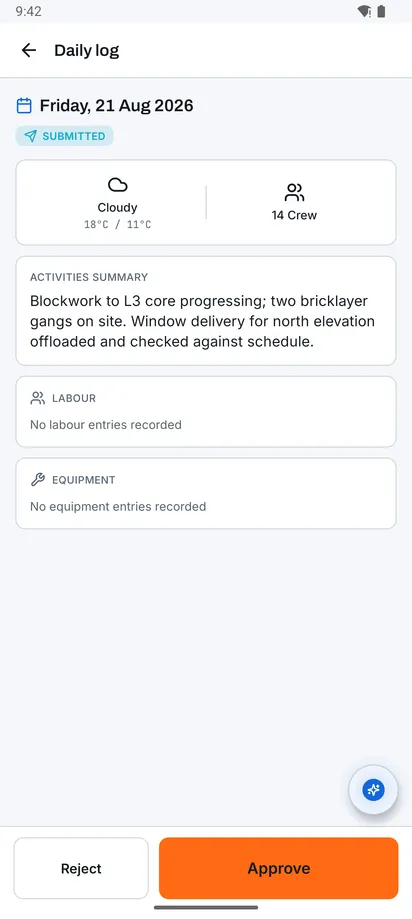 Daily log screen in Konverge