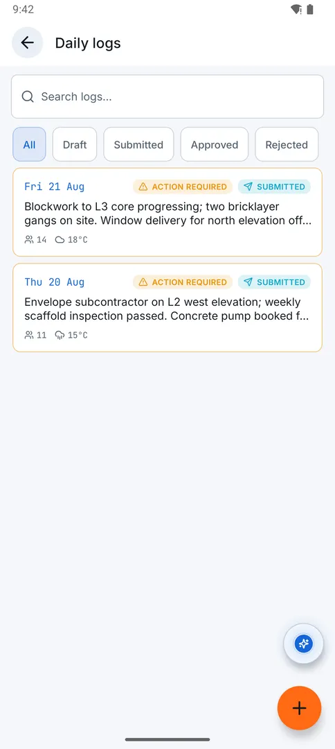 Field operations: Daily logs screen