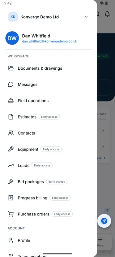Estimates: Workspace menu screen