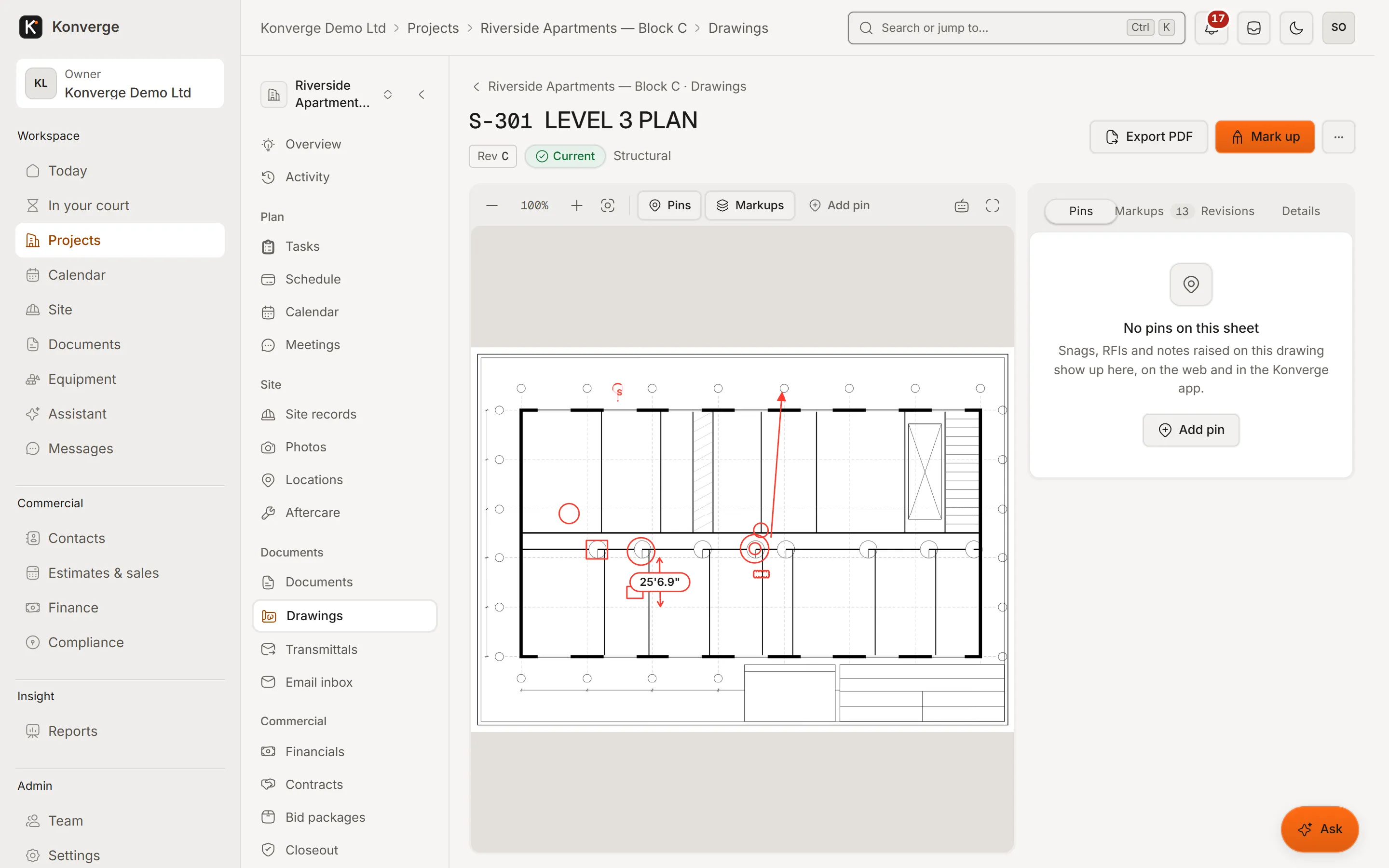 Konverge web app drawing viewer with sheet S-301 Level 3 plan, markups and dimensions, and the pins panel beside it