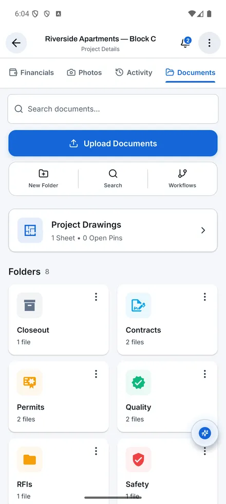 Documents & drawings: Documents screen