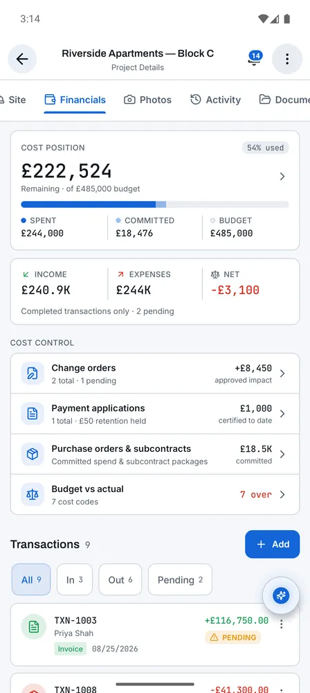 Finance & invoices: Financials screen
