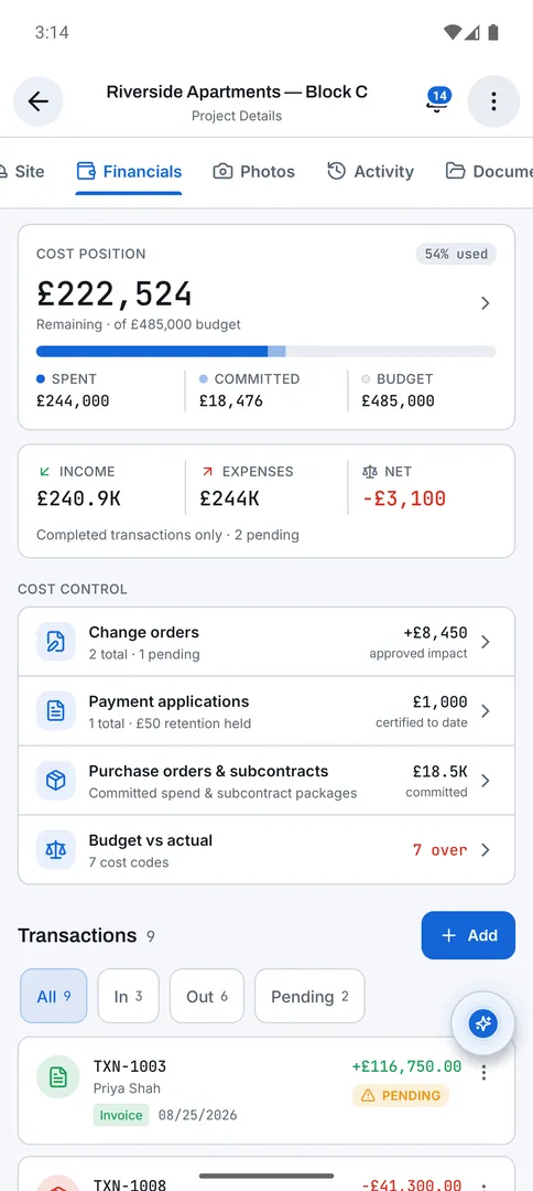 Projects: Financials screen
