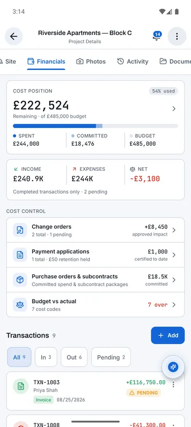 Projects: Financials screen
