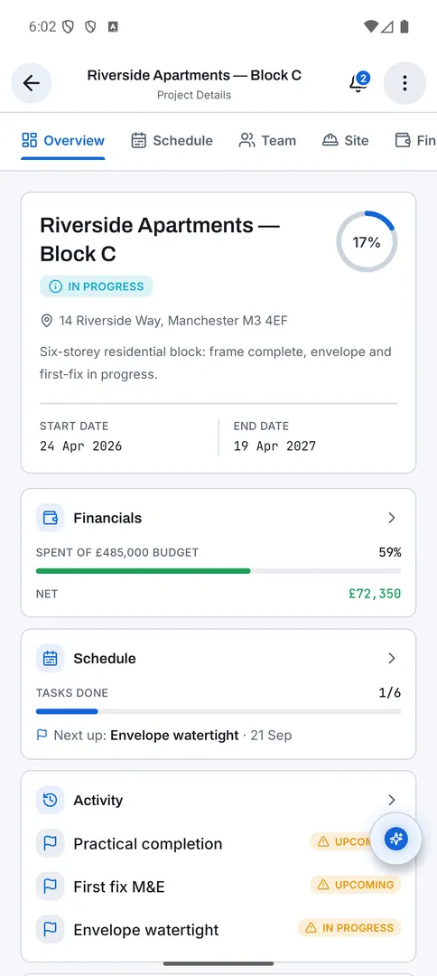 Projects: Project overview screen