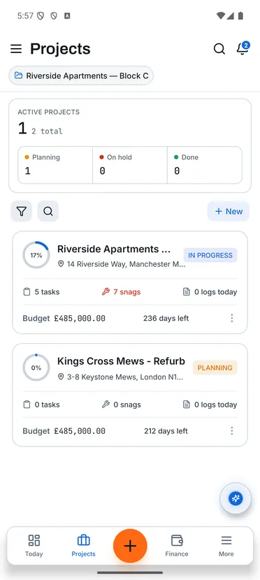 Reports: Projects screen
