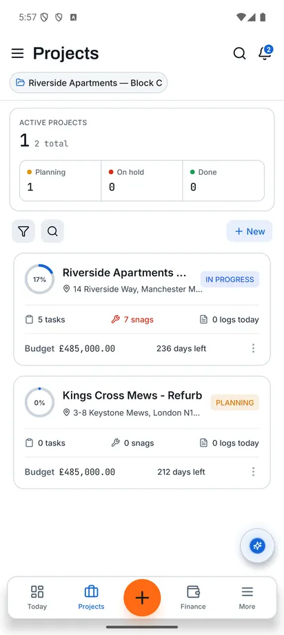 projects list screen in Konverge