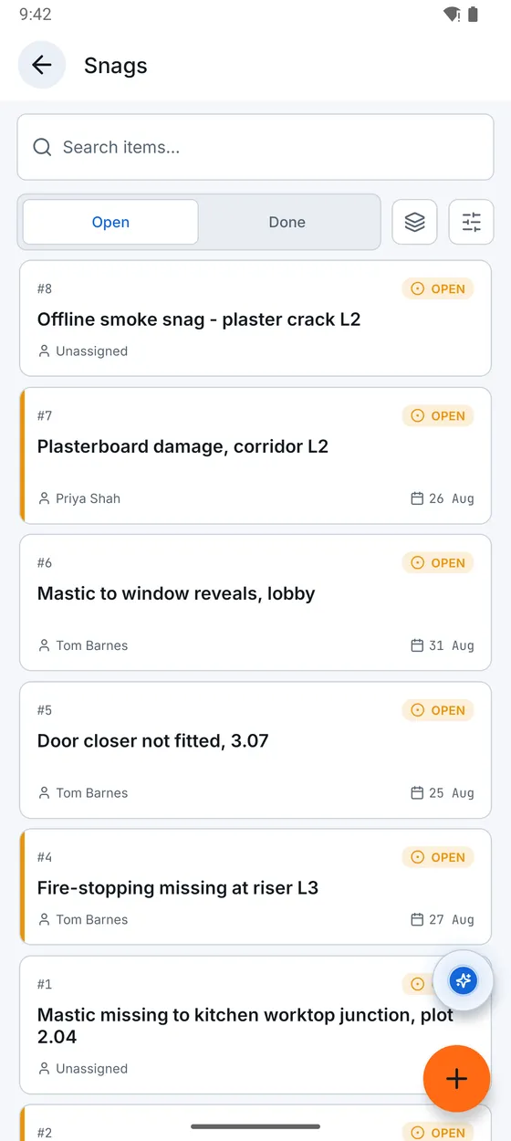 Snag list screen in Konverge