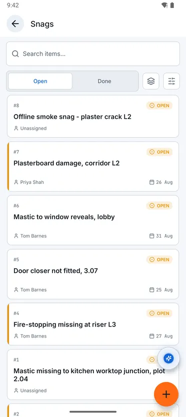 Field operations: Snag list screen