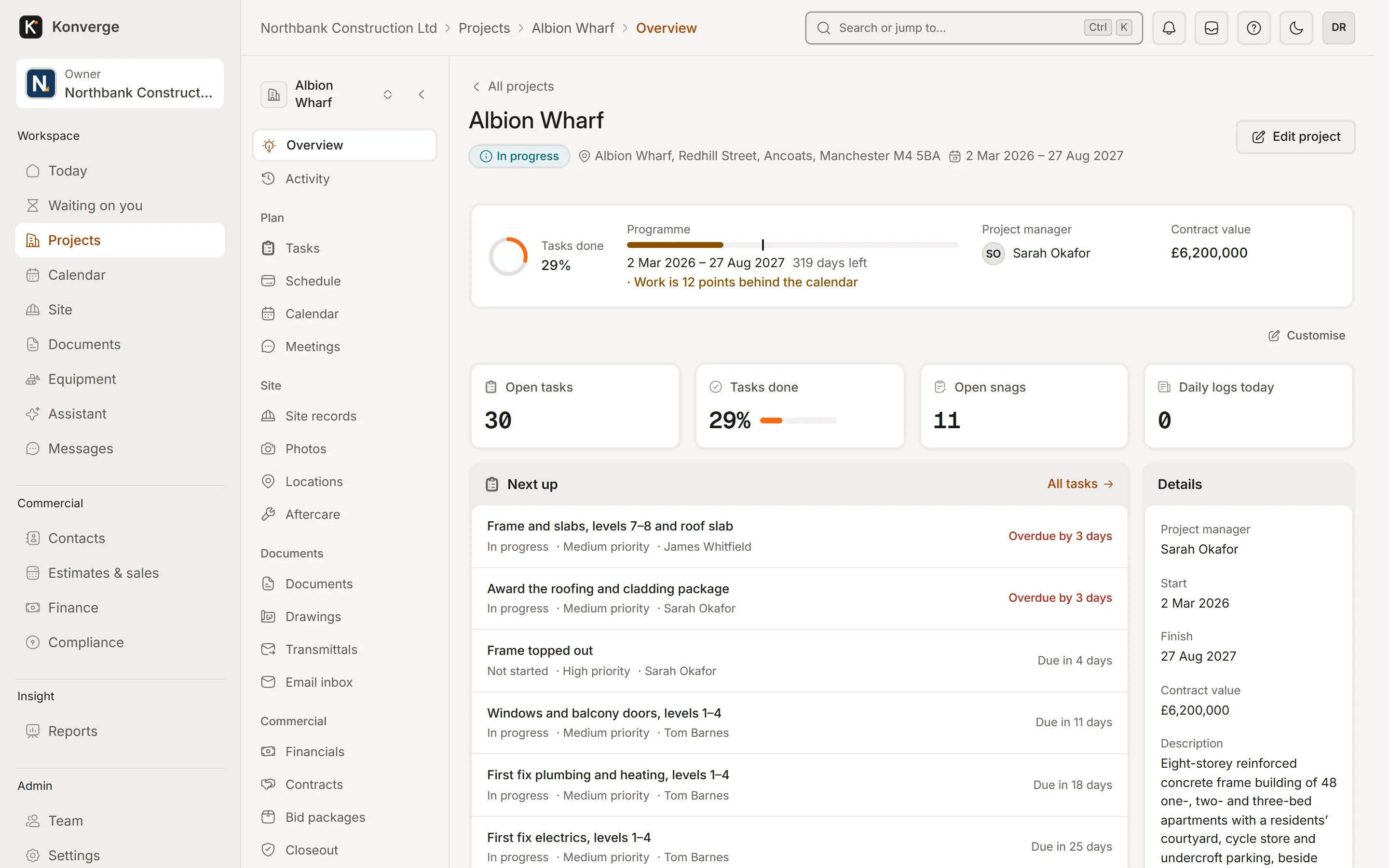 Konverge web app project overview for Albion Wharf: tasks done, programme against the calendar, project manager, contract value, open tasks and snags, and the next tasks with owners and due dates