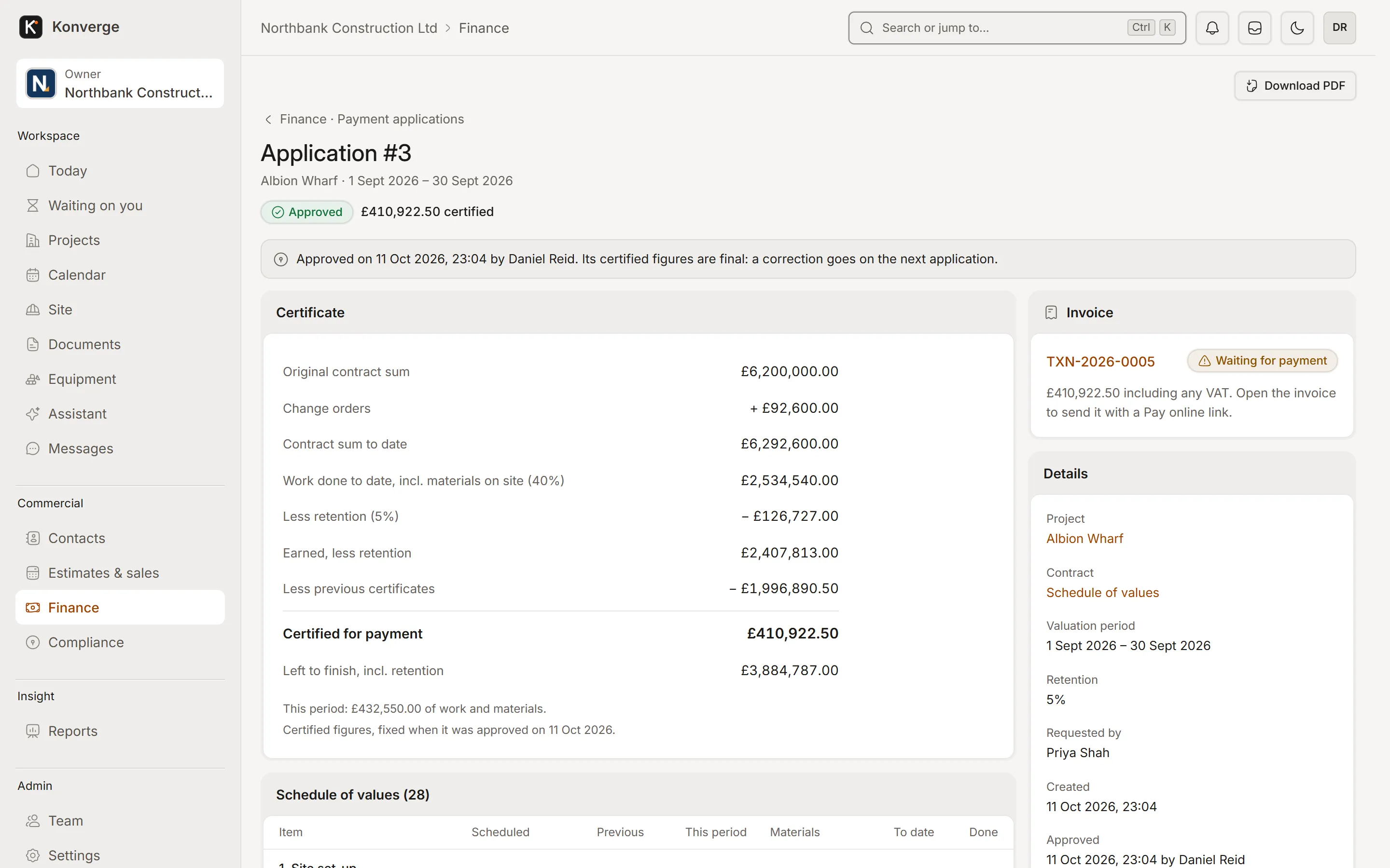 Konverge web app payment application 3 for Albion Wharf: the certificate with contract sum, change orders, work done, retention and amount certified, the invoice raised from it, and the schedule of values