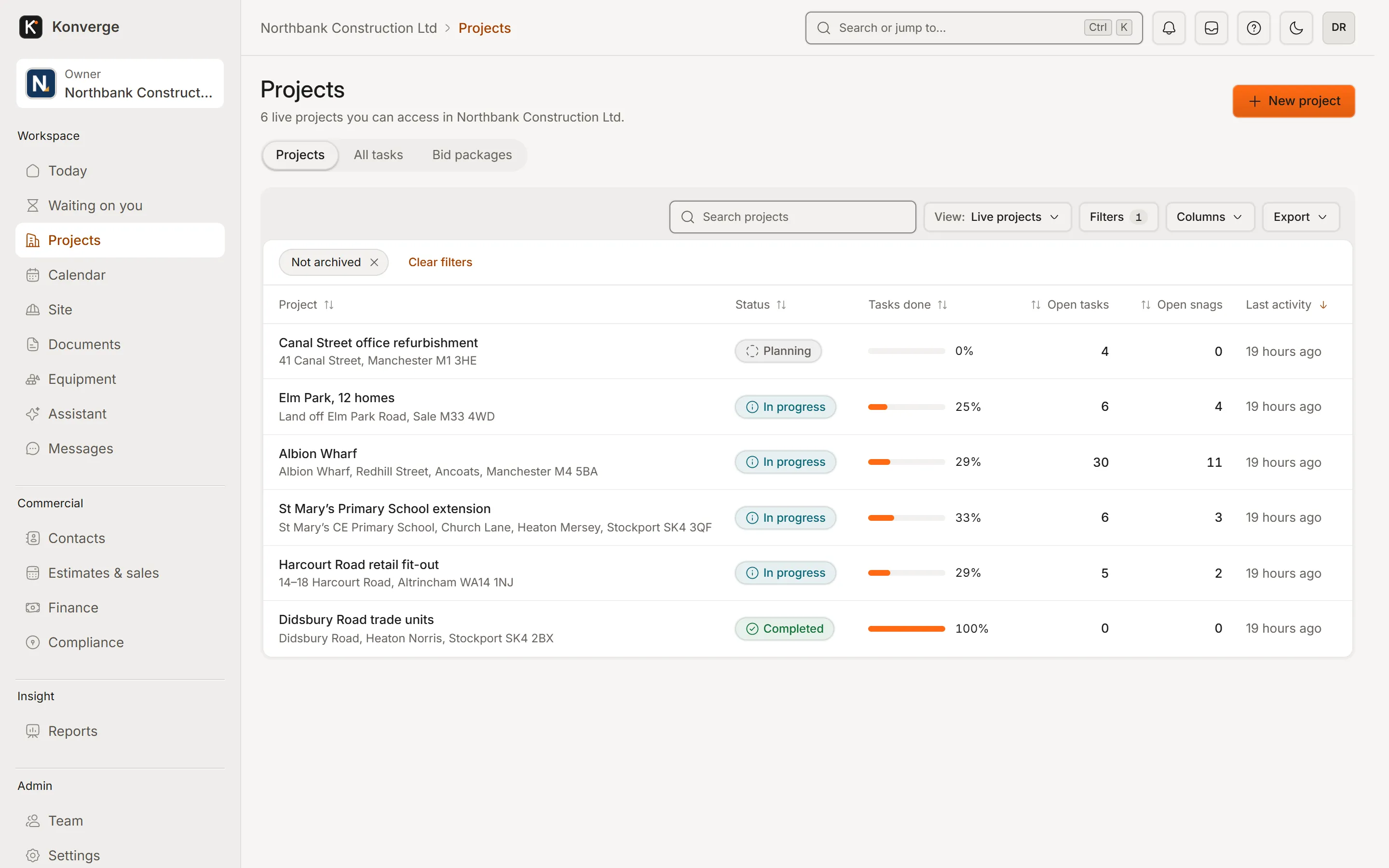 Konverge web app projects list with status, tasks done, open tasks, open snags and last activity for each project