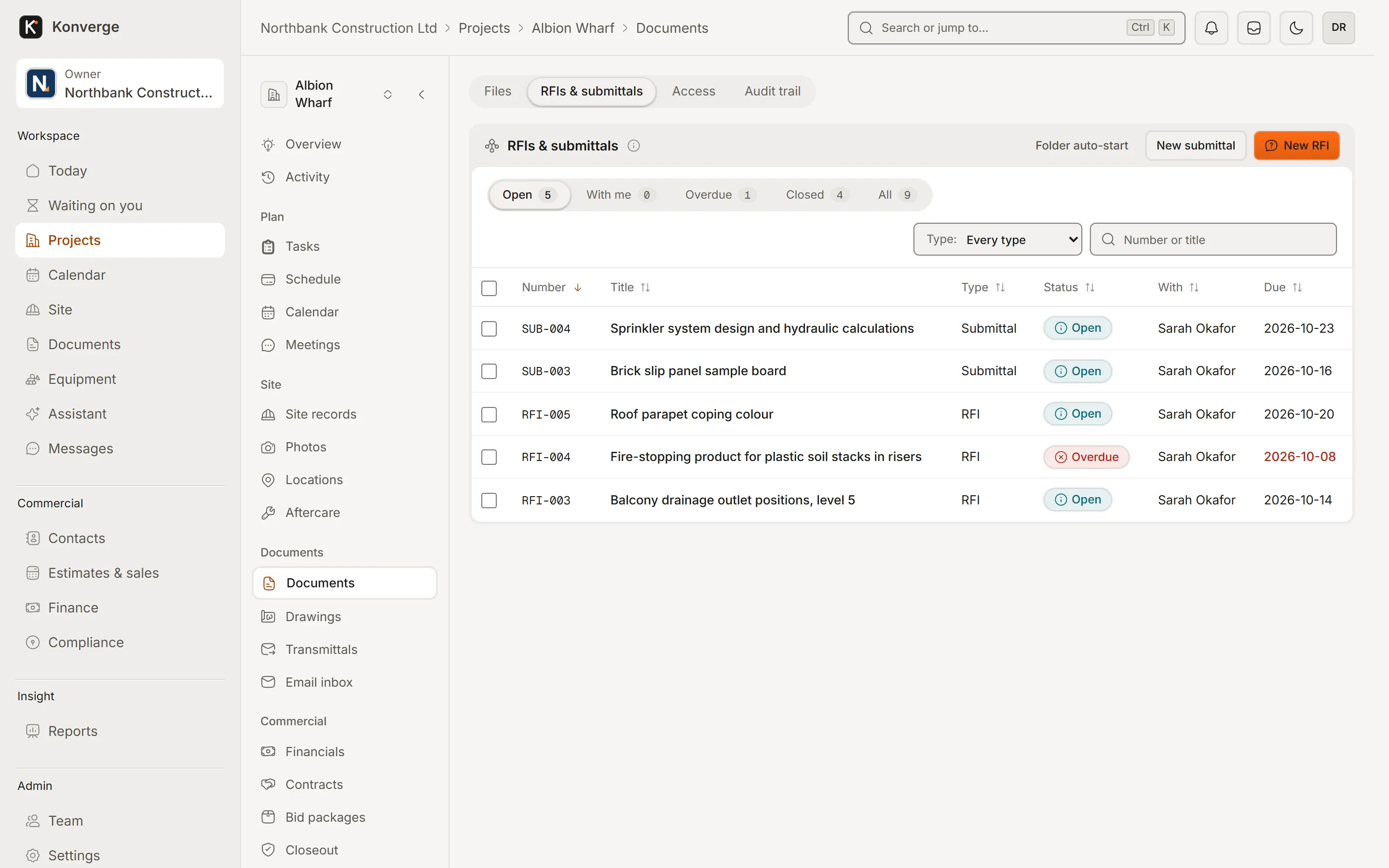 Konverge web app RFIs and submittals for Albion Wharf, each with number, title, type, status, who has it and the due date