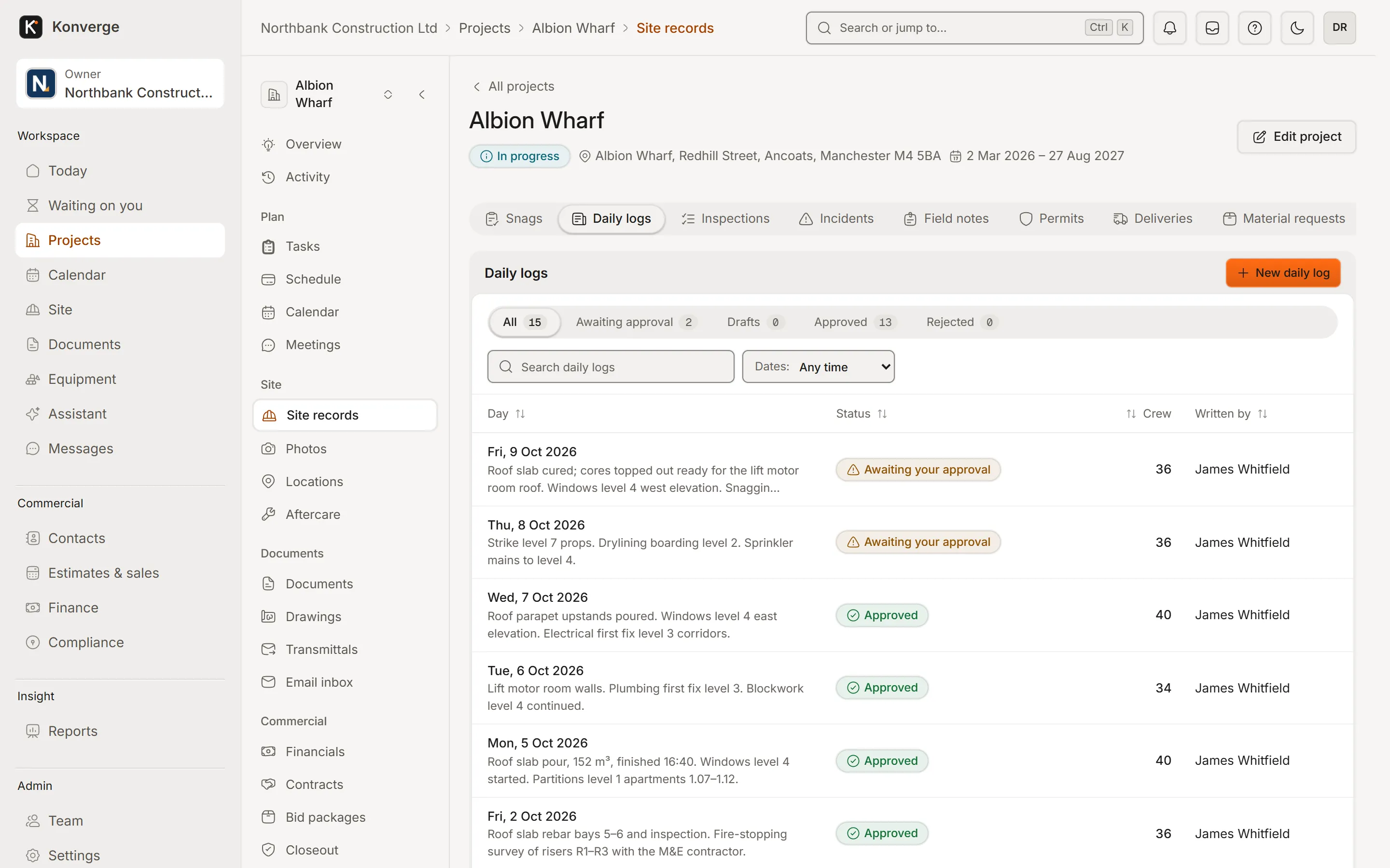 Konverge web app daily logs for Albion Wharf: each day with a summary of the work, its approval status, crew size and author