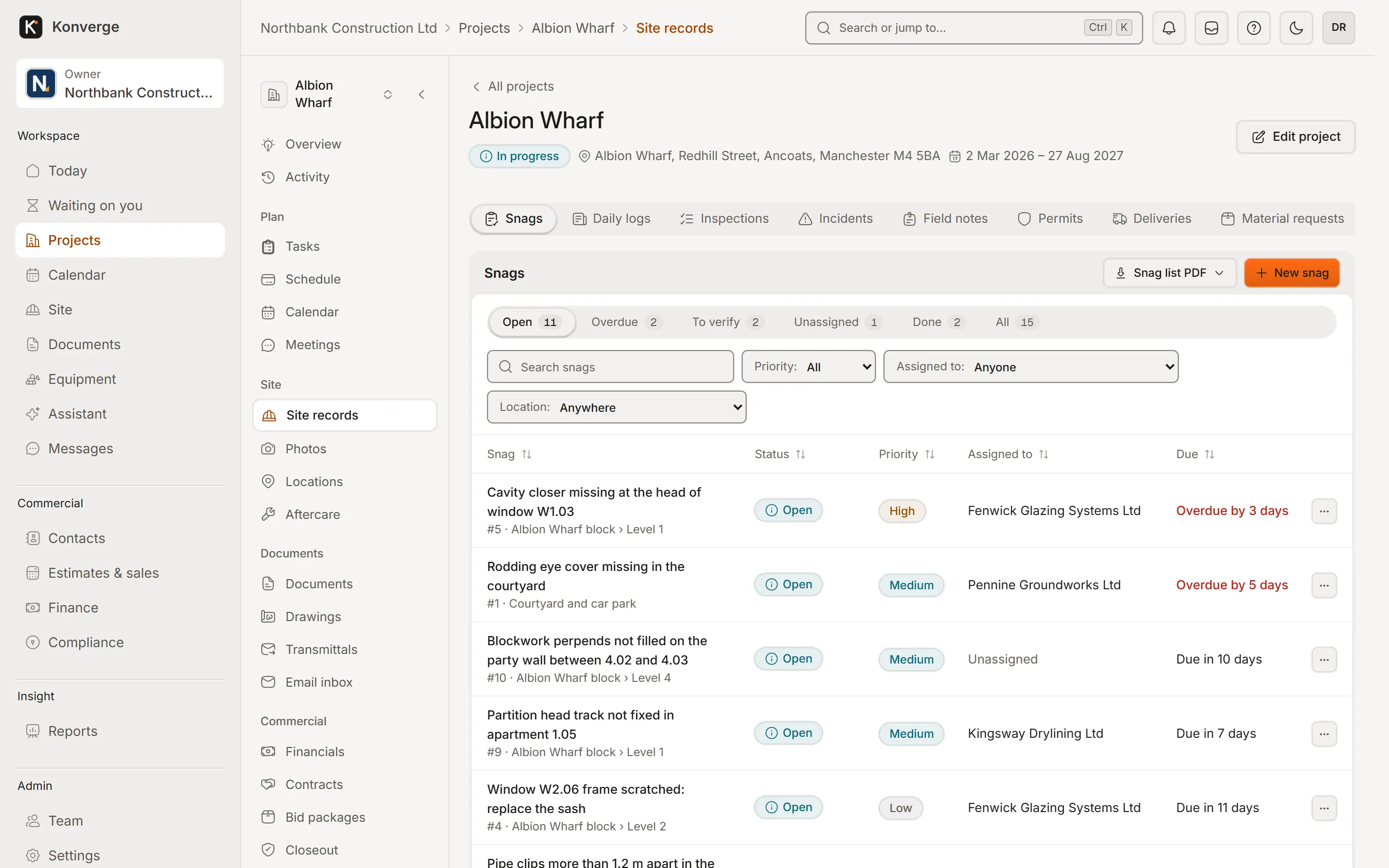 Konverge web app snag register for Albion Wharf with tabs for daily logs, inspections, incidents, permits and deliveries, filters, and each snag with status, priority, owner and due date
