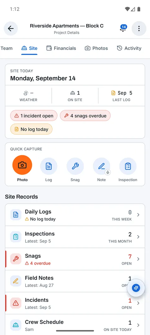 Field operations: Site hub screen