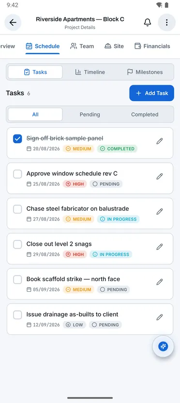 Projects: Tasks screen
