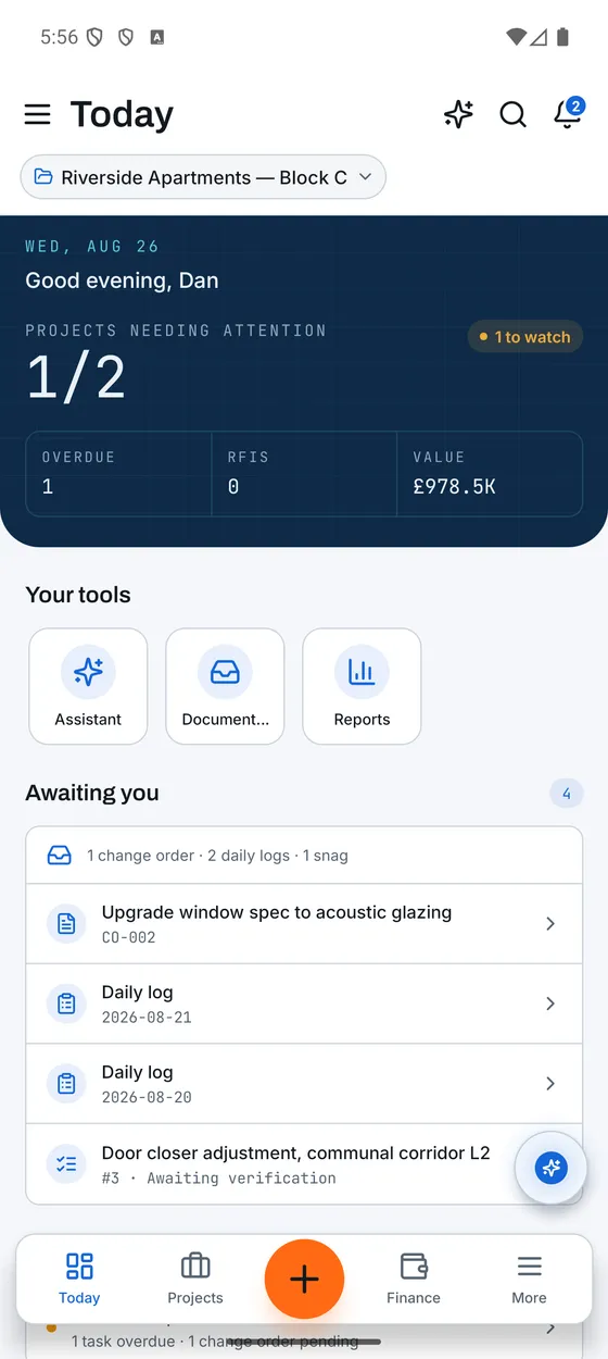 Konverge Today screen for a director: the portfolio hero, tools and what is awaiting them